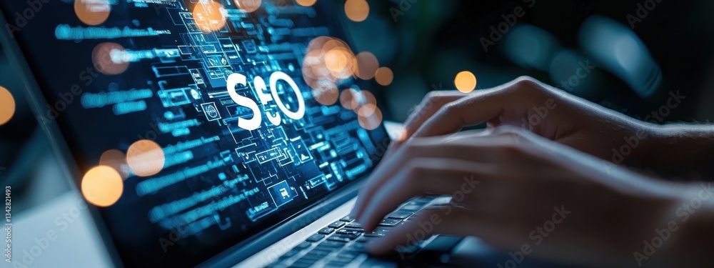 Poster hands typing on laptop with seo concepts and digital background