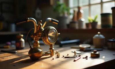 Vintage bicycle restoration of brass headlight and bell assembly showing half-polished contrast with period-correct tools and compounds on wooden workbench in natural light