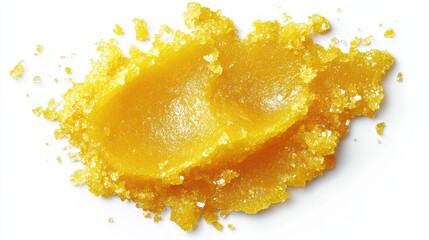A vibrant yellow smudge, reminiscent of sun-baked desert sand, reveals the texture of a tropical salt scrub, promising a rejuvenating and exfoliating experience.