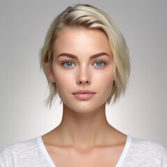 Portrait of beautiful blonde young woman with clean fresh skin, on grey background. Closeup beautiful face of a attractive adult girl with healthy skin.  Pretty young woman with blond shot hair