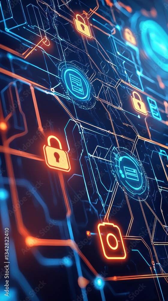 Poster abstract digital network with security icons and data connections