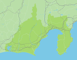 日本の静岡県と隣接する都道府県を含む、シンプルな緑色のロードマップ