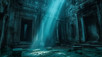 Sunbeams illuminate ancient Angkor Wat temple ruins