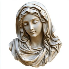 Virgin Mary relief sculpture, bas-relief artwork, ancient technique, timeless beauty, isolated on white background