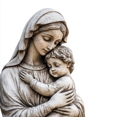 Obraz premium Virgin Mary statue with child, motherly love, tender embrace, emotional depth, isolated on white background