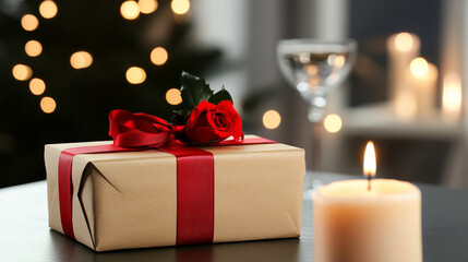 beautifully wrapped gift with red ribbon and rose sits on table, surrounded by candle and blurred lights, creating warm, festive atmosphere