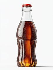 Classic Glass Bottle with Carbonated Brown Beverage and Bubbles on Bright White Background