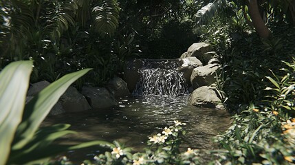 Waterfall cascades into a pond amidst lush greenery, for nature or relaxation
