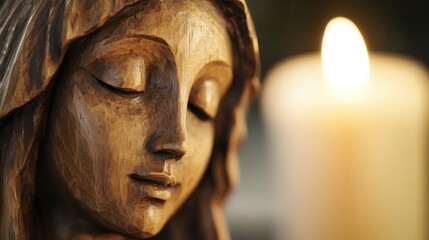 Handmade Virgin Mary wooden carving, intricately detailed with a rustic, handcrafted touch, warm candlelight casting gentle shadows, evoking a sense of devotion and spiritual connection