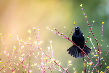 Red winged blackbird singing perched on a branch