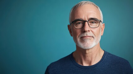 Fototapeta premium Confident Senior Man with Glasses Against a Blue Background