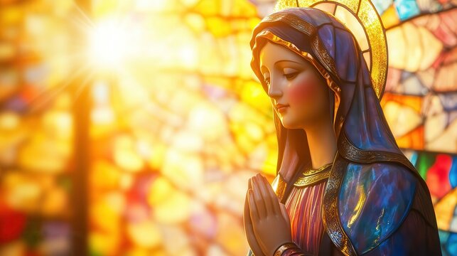 Virgin Mary as a stained glass window centerpiece, illuminated by warm golden sunlight, vibrant colors glowing, filling the sacred space with a sense of divine peace