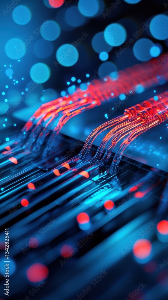 Poster abstract colorful lights with wires and bokeh effect in blue background