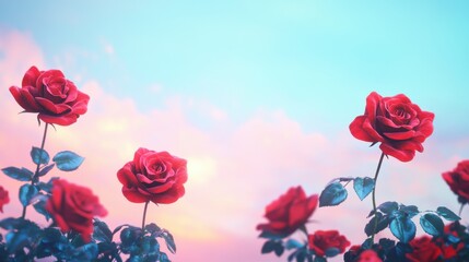 Beautiful red roses against a soft, pastel sky at sunset.