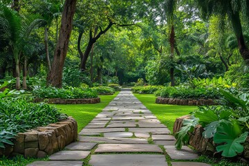 Obraz premium A stone walkway passes through a lush green garden filled with plants