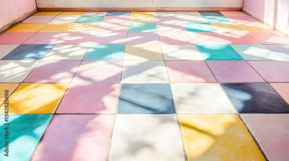 Poster unique tiled floor displaying intricate patterns with the shadow of a tree casting an artistic eleme