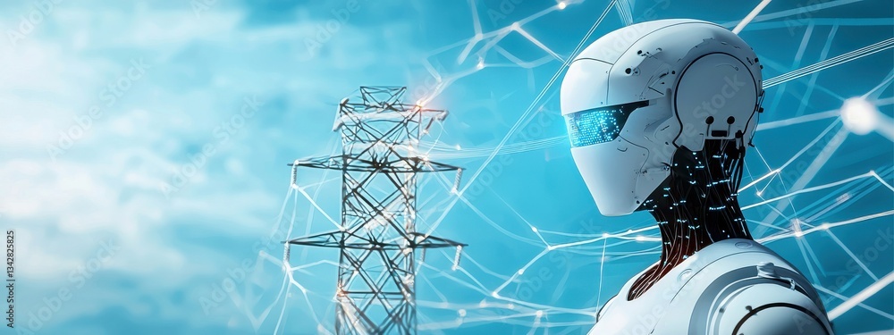 Poster Futuristic Robot with Power Lines and Digital Connections Background
