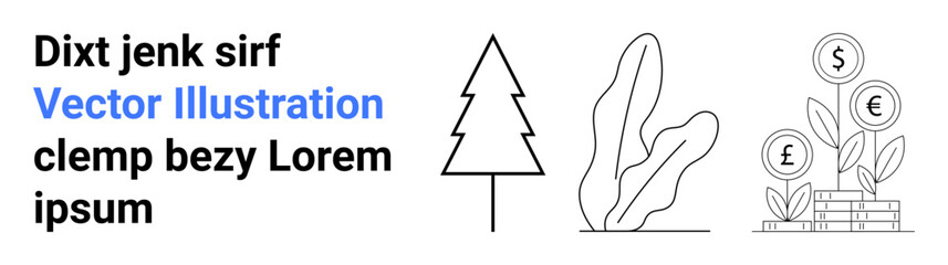 Tree, plant leaves, money coins as growth representation, and placeholder text. Ideal for finance, investment, sustainability, eco-business, nature projects education simple landing page
