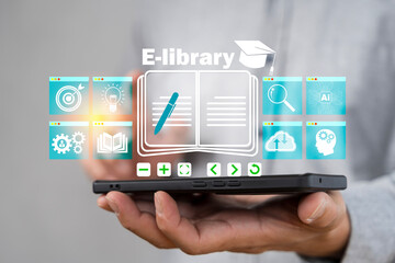 E-library concept. Person use smartphone and hand touch with virtual Ebook icons for electronic books online