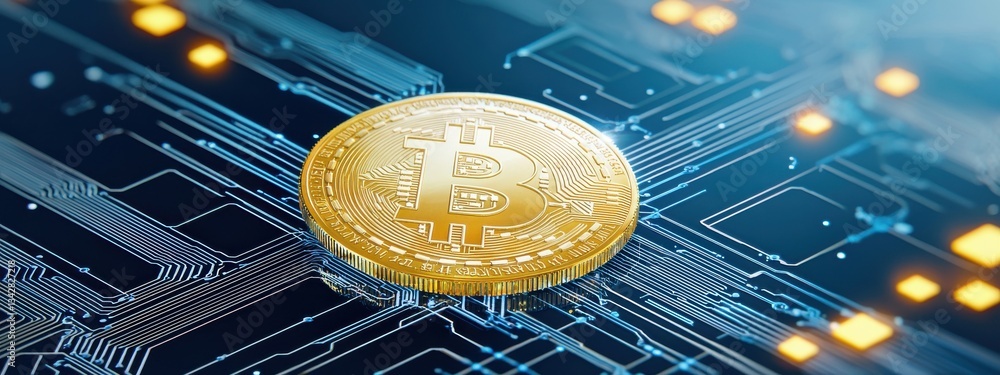 Aufkleber golden bitcoin on circuit board background with digital elements