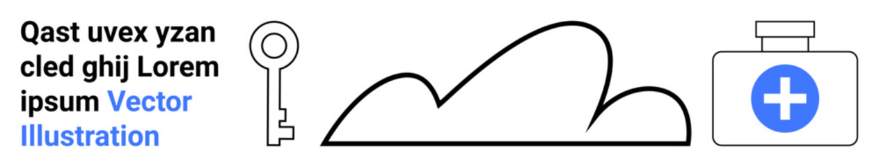 Minimalist key, abstract mountain-thumbs up shape, and blue-cross medicine box design. Ideal for security, preparation, health, simplicity, minimalism, creative concepts simple landing page