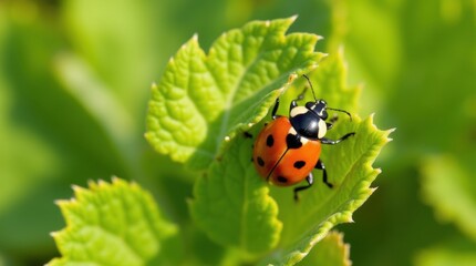 Obraz premium Close-up ladybugs eating aphids on green leaves in sunny garden, highlighting natural pest control.