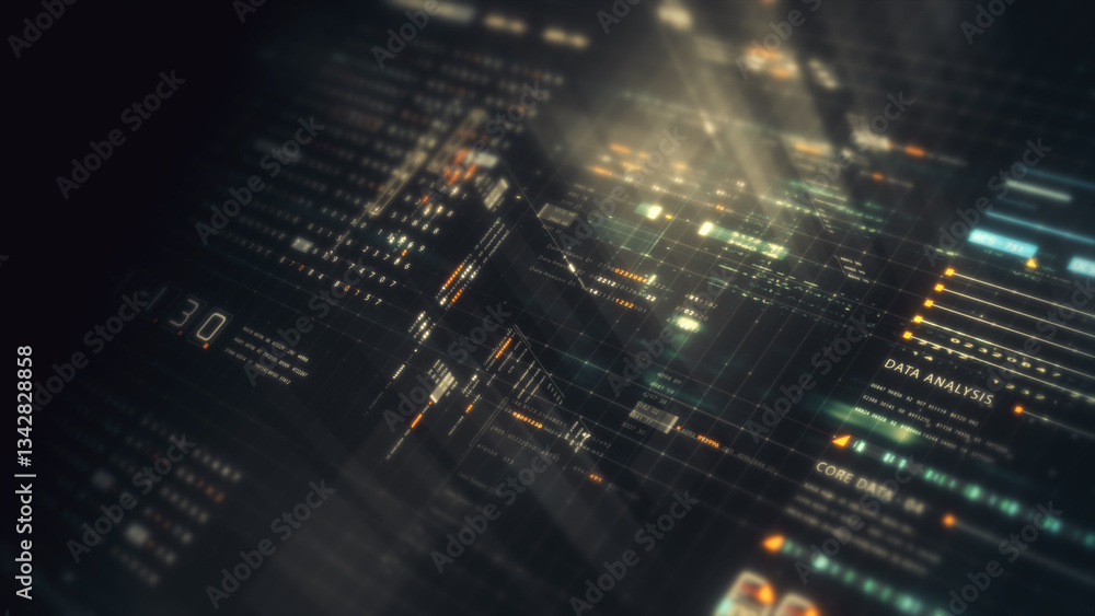 Poster Futuristic data matrix simulation featuring metaverse inspired elements, an information network, and hi-tech digital data telemetry with encrypted numbers
