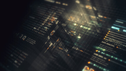 Futuristic data matrix simulation featuring metaverse inspired elements, an information network,...