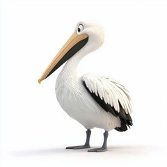 Obraz premium Cartoon illustration of a cheerful and friendly cartoon pelican standing on white background with large beak and vibrant feathers