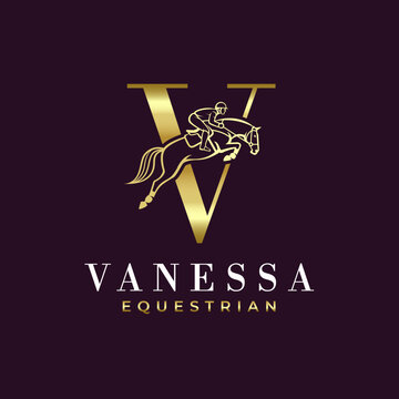 Elegant Luxury Abstract Line Letter V Monogram Horse Jump Alphabet Logo, Show Jumping Logo, Horse Jump, Typography