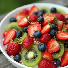 Obraz premium Close-up of a fresh fruit salad featuring strawberries, blueberries, and kiwi slices in a white bowl, highlighting healthy and refreshing summer eating.