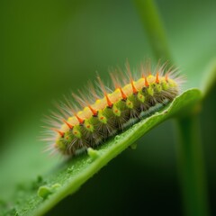 Naklejka premium Macro shot of caterpillar on leaf edge, blurred garden, vivid colors, emphasizing pest damage.