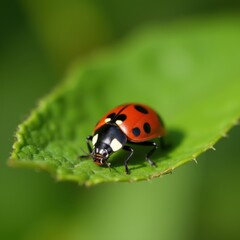 Naklejka premium Macro shot of ladybug eating aphid on leaf, blurred garden, vivid red and black, pest control focus.