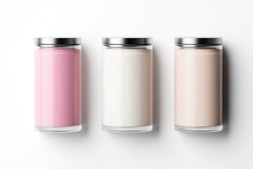 Three glass jars with lids, holding different colored products