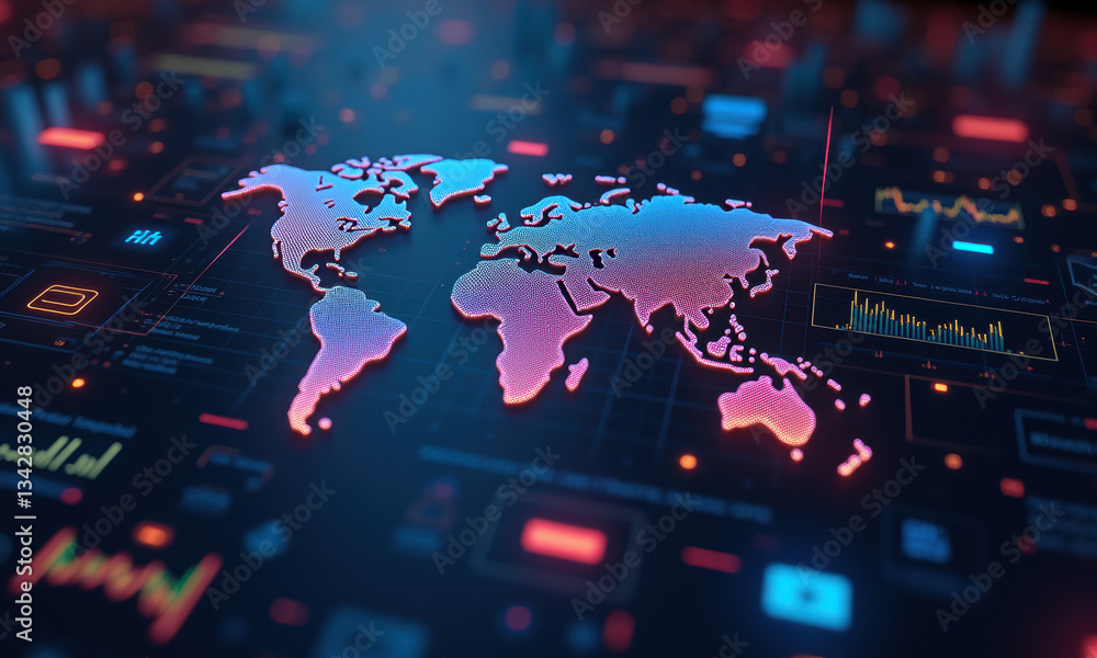 Poster global network, digital world map, data visualization - abstract te.