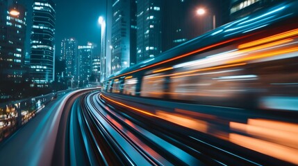 Sleek monorail glides through a futuristic cityscape, embodying advanced urban mobility and innovation.
