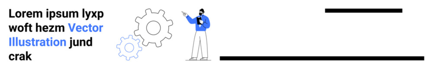 Person in business attire holding a clipboard, pointing at gears with placeholder text blocks nearby. Ideal for teamwork, innovation, workflow, presentation, technology, education, and simple landing