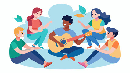 A group of teens gathers in a circle passing around a guitar and taking turns singing songs that represent their struggles and triumphs. Through music they build a strong sense of. Vector illustration