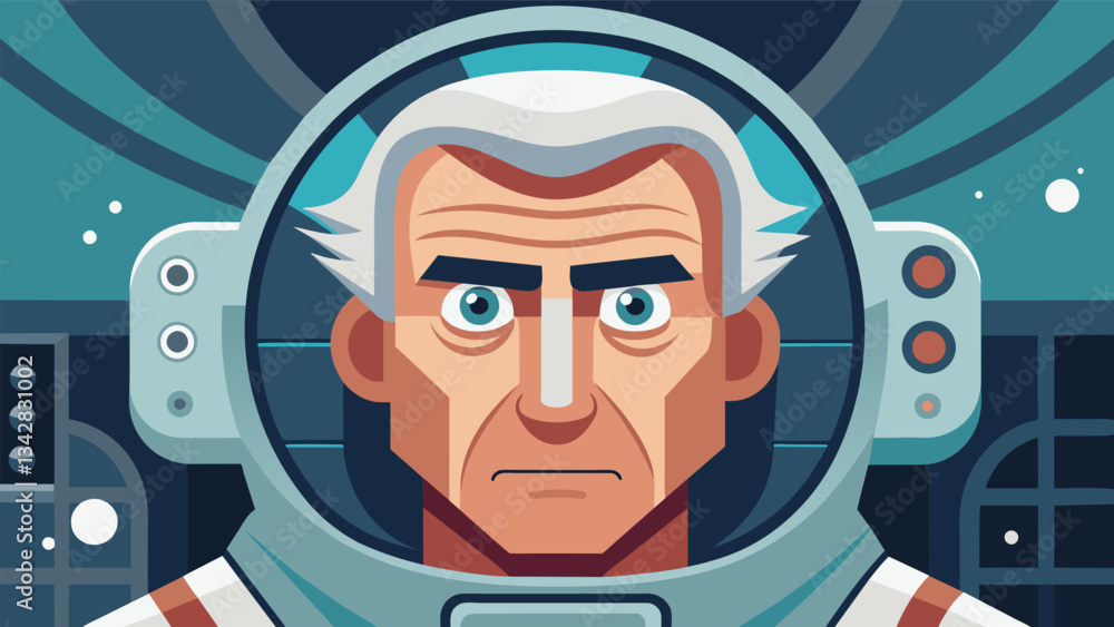 Poster a closeup of an older astronauts face as they perform experiments in a laboratory their eyes shining