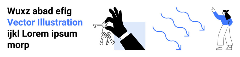 Black hand holding a set of keys, arrows pointing down, person pointing. Ideal for navigation, decision-making, guidance, real estate, security, leadership simple landing page