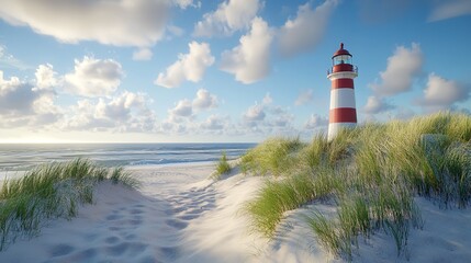 Beautiful Beach With Lighthouse And Dunes At Sunset On Sylt Island: A Sand Path Winds Through Lush Grass To The Sea, Showcasing The Natural Beauty Of The North Sea, Germany