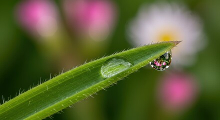 Close-up of dew drops on a green blade of grass with blurred flowers in background