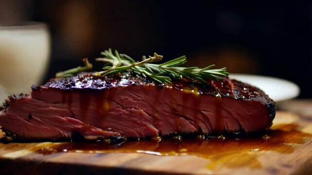 Close-up of a slice of prime rib dripping with jus, garnished with fresh herbs, dramatic shadows and rich textures
