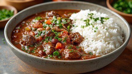 A hearty bowl of Chili con carne, its rich, savory broth simmering with chunks of tender beef, beans, and a vibrant blend of spices, served with fluffy white rice.