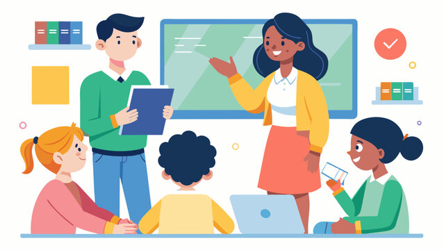 The interactive whiteboard session transformed the classroom into an interactive learning environment with the teacher and students actively engaging with the lesson material.. Vector illustration