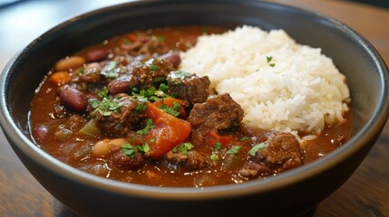 A hearty bowl of Chili con carne, its rich, savory broth simmering with chunks of tender beef, beans, and a vibrant blend of spices, served with fluffy white rice.