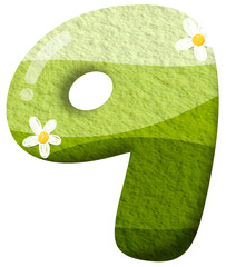 Green gradient of number 9 with flower clip art, number hand drawn