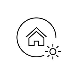 House and sun. Solar energy, sustainable power, smart home temperature and lightning control. Pixel perfect vector icon