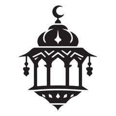 Silhouette Islamic Lantern with Crescent Moon Design Vector Illustration