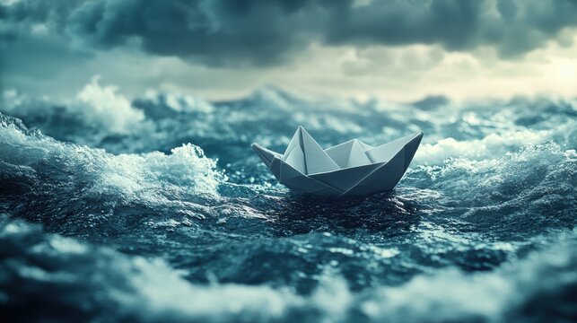 A miniature paper boat, crafted from fragile paper, valiantly navigates the turbulent waters of a raging sea, its fate hanging precariously in the balance of the storm.